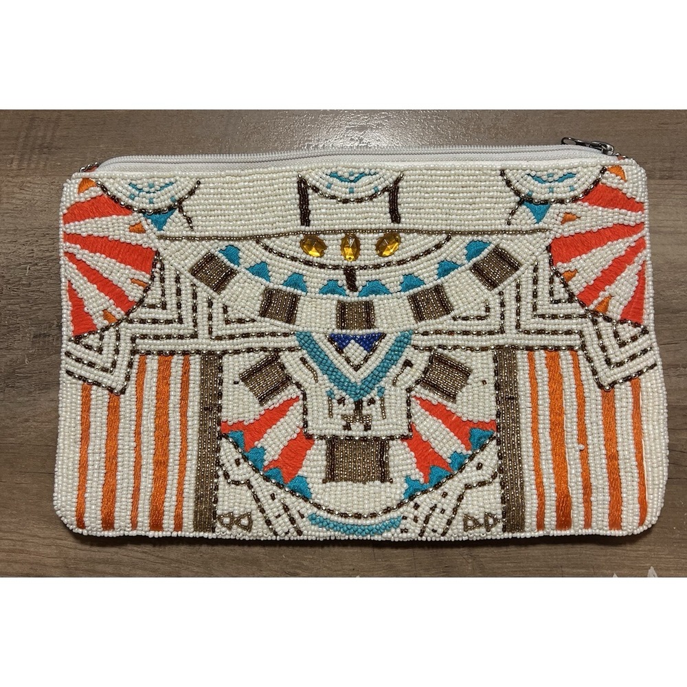 "La Chic Designs" Beaded w/ Chain White Turquoise Orange Brown South West 11x7